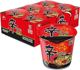 Gourmet Spicy Shin Instant Ramen Noodle Cup, Pack of 6, Chopped Vegetables, Premium Ramen Soup Mix for Microwave