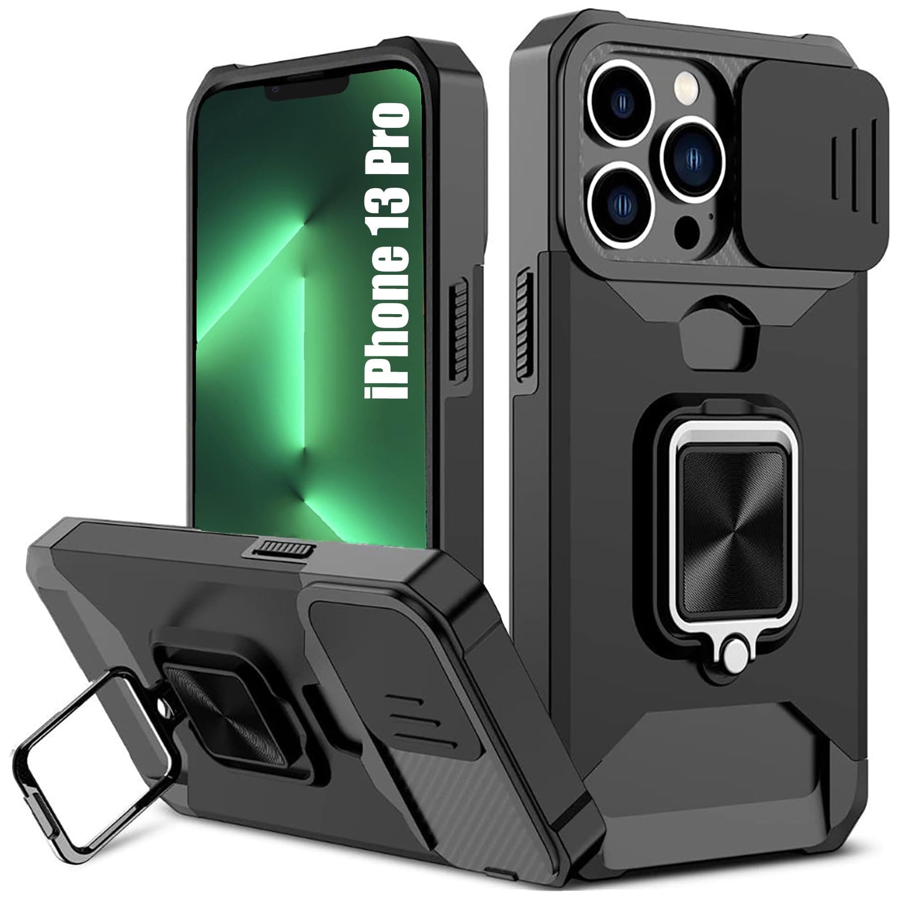 for iPhone 13 Pro Case with Card Holder and Slide Camera Cover,360° Rotate Ring Kickstand Heavy Duty Protective Phone Case for Apple iPhone 13 Pro Cover-Black