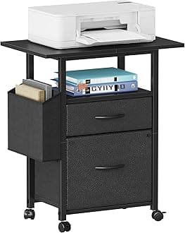 GYIIYUO 2 Drawer File Cabinet with 24'' Extended Desktop, Mobile Filing Cabinet, Rolling File Cabinet with Side Bag, Fabric Drawer, Fits A4/Letter Size, Printer Stand Home Office, Black