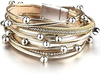 Fesciory Leather Wrap Bracelets for Women, Boho Leopard Multi-Layer Crystal Beads Cuff Bracelet Jewelry