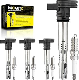 Set of 4 Ignition Coils Pack UF575 & 4 PCS Iridium Spark Plugs Compatible with Audi A3 A4 ALLROAD A5 A6 Q3 Q5 TT TTS Quattro Volkswagen Jetta Tiguan Eos Golf GTI Passat CC 2.0L 4.2L