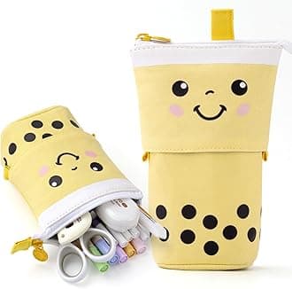 ANGOOBABY Cute Pencil Case Standing Pen Holder Telescopic Makeup Pouch Pop Up Cosmetics Bag with Kawaii Smile Face Stationery case Office Organizer Box for Girls Students Women Adult (Yellow)