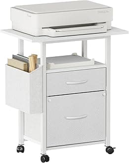 GYIIYUO 2 Drawer File Cabinet with 24'' Extended Desktop, Mobile Filing Cabinet, Rolling File Cabinet with Side Bag, Fabric Drawer, Fits A4/Letter Size, Printer Stand Home Office, White