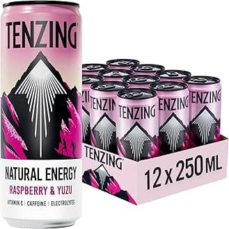 – TENZING Natural Energy Drink, Plant Based, Vegan, & Gluten Free Drink, Raspberry & Yuzu, 250ml (Pack of 12) - Packaging may vary