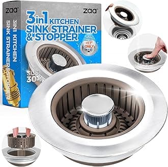 zaa Upgraded 3in1 Kitchen Sink Drain Strainer & Sink Stopper, Stainless Steel Kitchen Drain Plug & Cover with Anti-Clogging Basket Strainer, Fit US Standard 3-1/2'' Sink Drain Hole, Brown