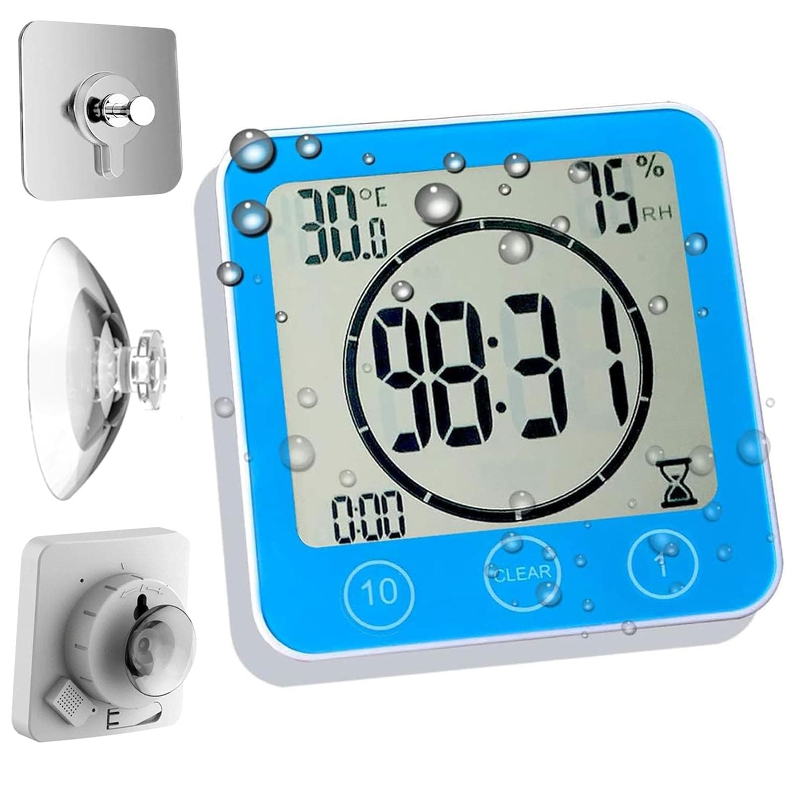 Waterproof Hanging Wall Clock Shower Timer, Large Digital Bathroom Alarm Clock for Kids, Big Visual Kitchen Cooking Countdown Timer, Bath Temperature Humidity Meter Mirror Suction Cup Timer (Blue)