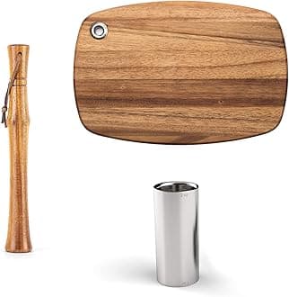 Outset Bartender Starter Kit Double Jigger, Cocktail Muddler and Cutting Board, Set of 3 Bar Accessories, Acacia Wood and Stainless Steel