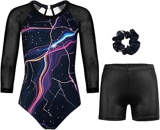 - Gymnastics Leotards for Girls With Shorts Sparkly Ballet Dance Long Mesh Sleeve