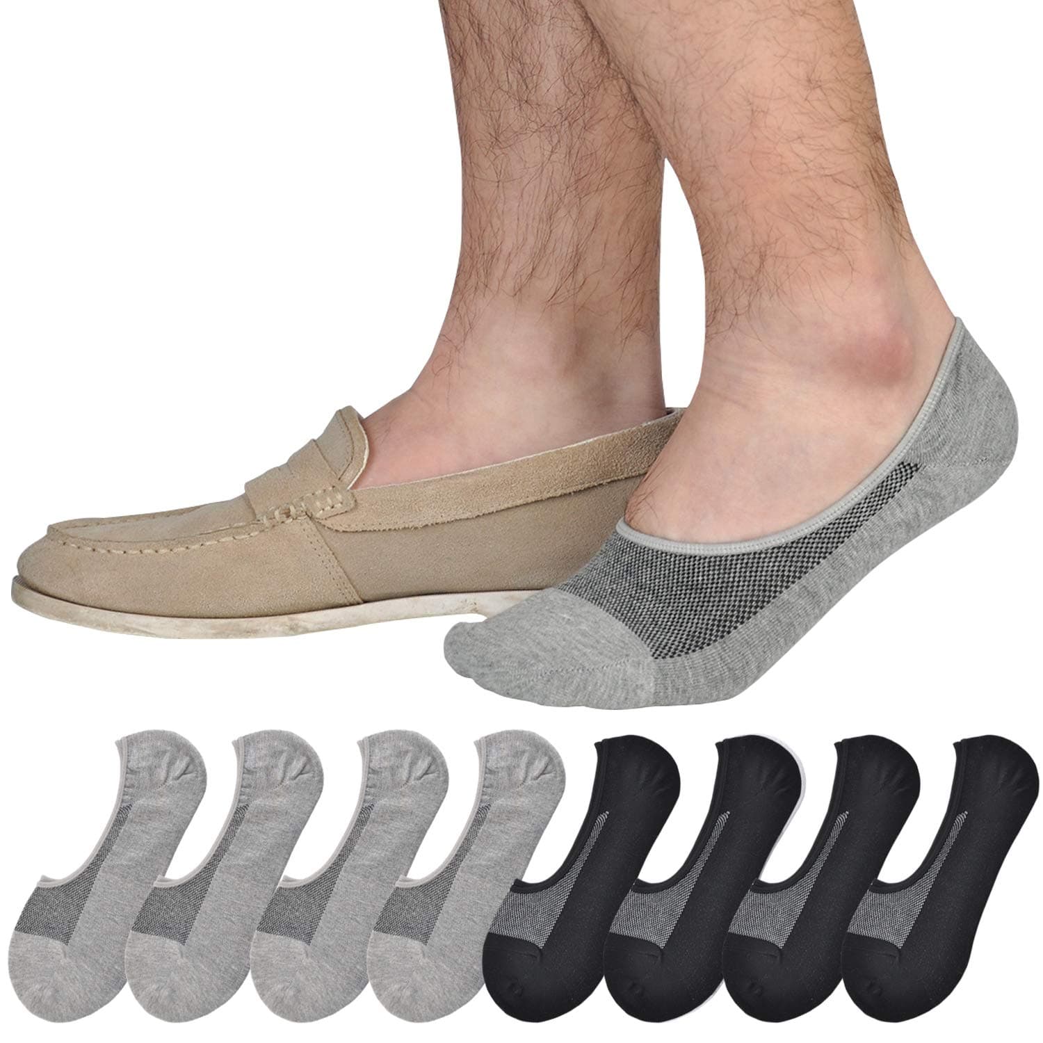 Jormatt 8 Pairs No Show loafer Socks Mens Cotton Sports Trainer Socks Women With Non Slip Grips, Shoe Size 12-14