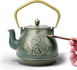 Toptier Teapot with Removable Infuser, Cast Iron Tea Kettle Stovetop Safe, Squirrel Design Tea Pot Coated with Enameled Interior for 32 Ounce (950 ml), Dark Green