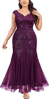 Miusol Women's Plus Size Sleeveless Sequins Lace V-Neck Tulle Mermaid Hem Formal Gown Dress
