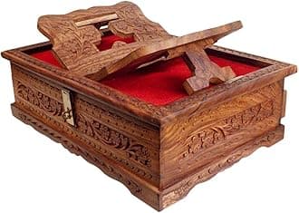 ART AND CRAFT INDIA Handmade Wooden Rehal Full Carving Design Rosewood Holy Book Stand Box for Quran Ramayan Bible Gita Ved Guru Granth Sahib(Brown)