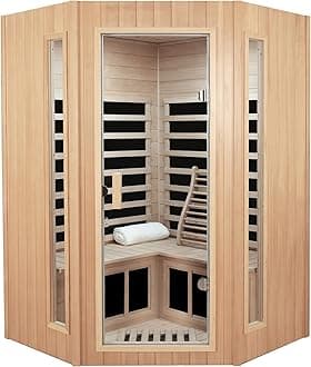2-3 Person Infrared Sauna, Far Infrared Saunas for Home, Low EMF Indoor Home Sauna Spa, Hemlock Wooden Corner Sauna Room, Bluetooth Speakers, Reading Lamps