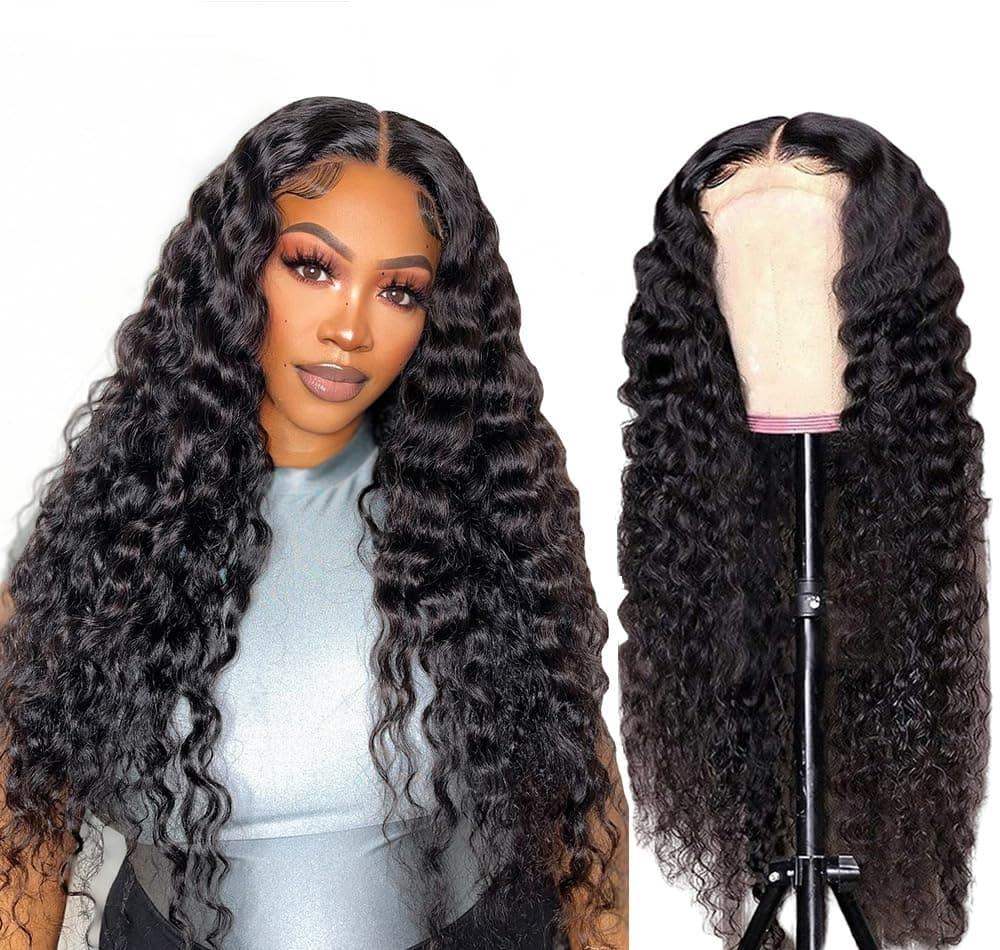Lace Front Wig Human Hair Deep Wave Wig 100% Unprocessed Wear and GO Glueless Wigs for Black Women Curly Brazilian Virgin Hair Wavy Wig 13x4 Pre Plucked Lace Frontal Wig 22 inch Natural Color
