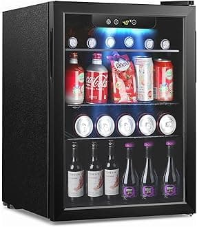 Kndko Mini Beverage Refrigerator and Cooler - 95 Can Mini Fridge with Digital Temperature Control, LED Light, Reversible Door, Perfect for Home, Office, Bar, and Game Room - 2.6 Cu.Ft, Black