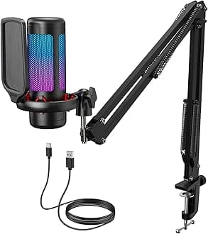 – Gaming USB Microphone with Adjustable RGB Modes & Brightness, Condenser PC Mic with Boom Arm for Streaming Podcast Recording Studio Singing Youtube Compatiple with Computer/Laptop/Mac/PS4 TC310+
