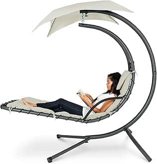 Outdoor Hanging Curved Steel Chaise Lounge Chair Swing w/Built-in Pillow and Removable Canopy - Ivory