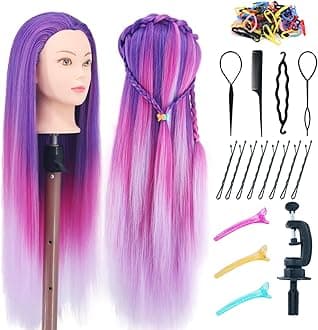 Mannequin Head with Hair, 29'' Manikin Head with hair Cosmetology Mannequin Head for Hair Styles Hairdressing Practice Training Doll Heads with Clamp Holder and Braiding Kit (Mixed Purple)