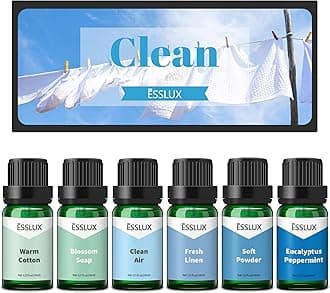 ESSLUX Fragrance Oil, Clean Set of Scented Oils, Essential Oils for Diffuser for Home, Premium Soap & Candle Making Scents, Aromatherapy Oils Gift Set - Clean Air, Fresh Linen, Warm Cotton and More