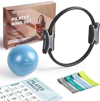 Pilates Ring Set - Premium14”Magic Circle with Dual Padded Handles - Includes Pilates Mini Ball & Highly Elastic Resistance Bands & Workout Guide & Bag