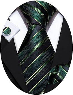 Mens Striped Tie Classic Woven Necktie with Scarf Cufflinks Formal Black Green Size