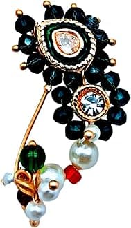 SWAMI- Nath Nose Ring (Press)/NOSE PIN green crystal nath Pearl Stone Diamond, Traditional Maharashtrian Pressing clip on Wedding Bridal Latest, Stylish For Women, Girls