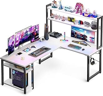 ODK L Shaped Gaming Desk with Hutch, Computer Desk with Storage Shelves, 59" L Shaped Desk for Home Office, Corner Desk with Headphone Hook, White