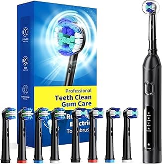 Rotating Electric Toothbrush for Adults with 8 Brush Heads (2 Types), 4 Modes Deep Clean Electric Toothbrush with Rechargeable Power and 2 Min Smart Timer (1- Black, p1)