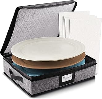 Platter Storage Case, Fine China Storage Containers Hard Shell, Quilted and Stackable 16”x 12.5”x 3.5” Platter Storage Container with Zipper, Handles and Felt Dividers for Moving and Seasonal Storage