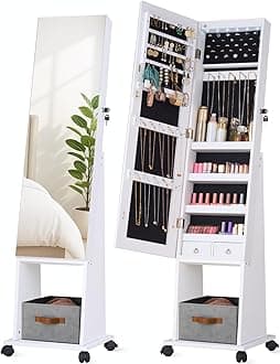 LUXFURNI Rotating Jewelry Armoire with Mirror, full Length Mirror with Jewelry Storage, 57" standing Mirror Jewelry Cabinet with 4 Wheels,Jewelry Organizer Mirror