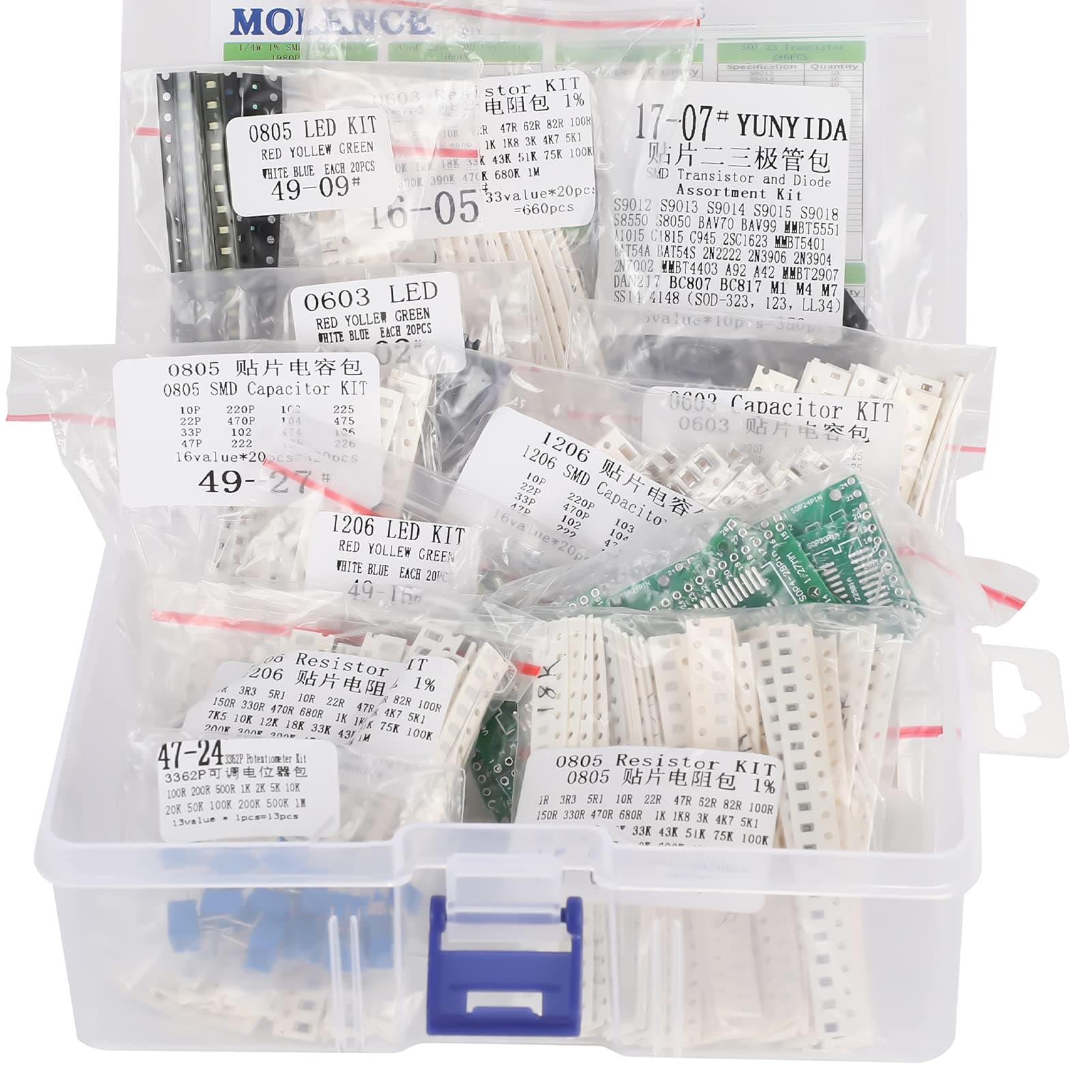 Molence SMD 0603 0805 1206 DIY Electronics Components Kit Assortment, 3638PCS Resistor, Capacitor, LED, PCB, Diode, Transistor, Potentiometer for Arduino UNO MEGA2560 Raspberry Pi MCU