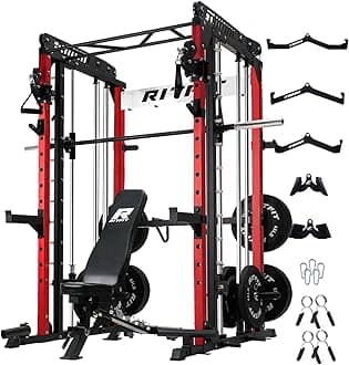 RitFit M1 Pro Smith Machine Package, All-in-One Power Cage with Weight Stack Set, Includes LAT Pulldown & Cable Crossover System for Home Gyme (Red, Package(BP370))