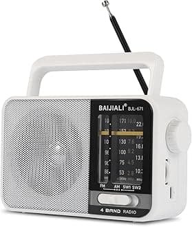 BAIJIALI AM FM SW Portable Radio - Dual Power (Battery/USB) Emergency Receiver with Loudspeaker, Transistor Design for Indoor/Outdoor, Travel & Survival Kit Ready (White, BJL-671)