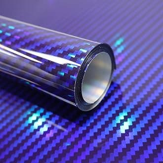 Lypumso 2D Holographic Carbon Fiber Vinyl Wrap, High Gloss Blue Rainbow Chrome Wrapping Vinyl Film with Air Release Technology Self Adhesive DIY Paint Replacement Wrap Roll 1ft x 5ft