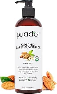 PURA D'OR 16 Oz ORGANIC Sweet Almond Oil - 100% Pure & Natural USDA Certified Cold Pressed Carrier Oil For DIY Beauty - Non-Greasy, Unscented, Hexane Free Moisturizer - Massage Oil For Hair & Skin | ORGANIC, 100% Pure, Natural, USDA Certified, Cold Pressed, Carrier Oil