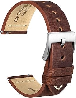 WOCCI 17mm Old-fashioned Watch Band for Men, Top Grain Leather, Silver Brushed Buckle (Pecan Brown)