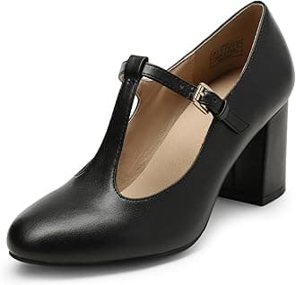 Low Chunky Heels for Women T-Strap Mary Jane Pumps Wedding Dress Shoes DPU211,Size 5.5,Black/pu,DPU211