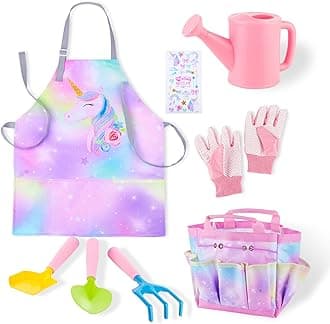 FIODAY Kids Gardening Set, Garden Tools for Kids with Watering Can, Shovel, Rake, Gloves, Waterproof Unicorn Apron with Pocket, Storage Bag and DIY Sticker Gardening Kit Gift for Girls