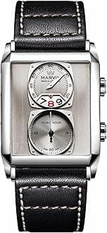 Watches for Men Swiss Mens Watch in Stainless Steel with Leather Strap and Rectangular Sapphire Glass Dial, Quartz Movement, 50M Waterproof