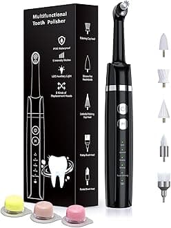 Tooth Polisher, Rechargeable Whitening Kit For Teeth Cleaning And Whitening, With 3 Polish Paste 5 Brush Heads, Led Light, Easy To Use At-Home Personal Dental Care (Black)