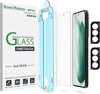 amFilm [2+2 Pack OneTouch Screen Protector Guard for Samsung Galaxy S22 5G 6.1 Inch, 9H Hardness With Tempered Glass Camera Lens Protector, Easiest to Installation and Bubble Free