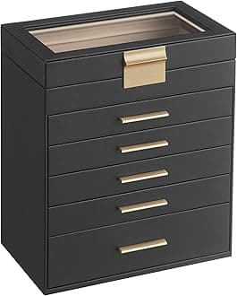SONGMICS Jewelry Box Organizer with Glass Lid, 6-Layer Jewelry Storage, with 5 Drawers, Modern Style, 6.4 x 9.9 x 11.4 Inches, Graphite Black and Gold Color UJBC171B01
