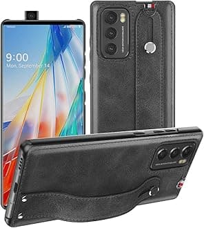 for LG Wing 5G Case,for LG Wing Case 2020,[Slim and Lightweight] PU Leather Back Cover Support Swivel Mode Hard PC Holder with Hand Strap Protective Phone Case for LG Wing 5G 6.8 Inches (Black)