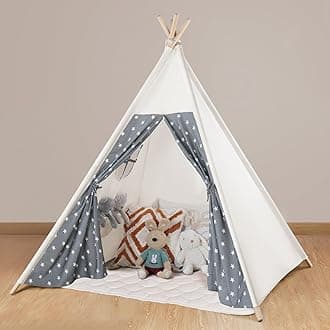 Teepee Tent for Kids Cotton Canvas Play Tent with Mat Slumber Party， Foldable Indoor Tent for Boys & Girls, Gift Set with Star Lights, Banner & Carry Bag, Stars Design