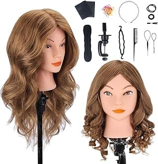 Yofuly Mannequin Head with 100% Real Hair, 18" Light Brown Real Hair Mannequin Head, Manikin Cosmetology Doll Head with Clamp Holder, Practice Doll Head for Hair Styling Braiding Curling and Cutting