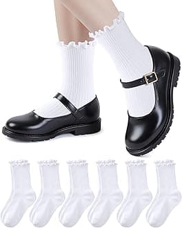 HONGTEYA 6 Pairs Girls White Ruffle Socks School Uniform Dress Socks for Kids Seamless Crew Ankle Cotton Size 2-14 Years