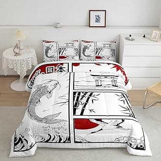 Feelyou Kids Japanese Koi Fish Comforter Set - Full Size Japanese Wave Crane Bedding Set - Boys & Girls Fuji Mountain Bamboo Comforter - Japan Tokyo Style Quilt Set