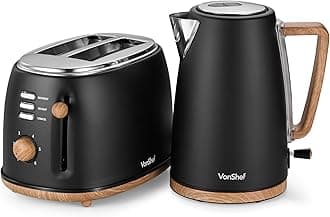 VonShef Kettle and Toaster Set – Scandi 1.7L Rapid Boil Kettle 3000W & 2 Slice Wide Slot Toaster 850W with 6 Browning Controls, Matching Kitchen Set – Nordic Cream and Wood Accents - Fika Range