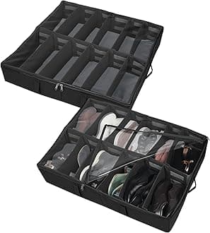 DOUBLE R BAGS Under Bed Shoe Organizer with Zipper | 12 Compartments | Dustproof Space-Saving Storage Box for Sneakers, Heels & Boots | Polyester Black (72x61x13 cm) Pack of 2