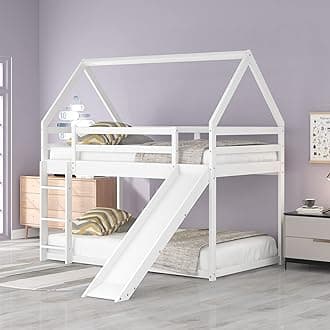 Morhome Junior House Bunk Beds with Slide, Wood Bunk Bed Twin Over Twin, Kids Bunk Bed Montessori Floor Bunk Bed Frame with Roof Full-Length Guardrail and Ladder for Girls Boys